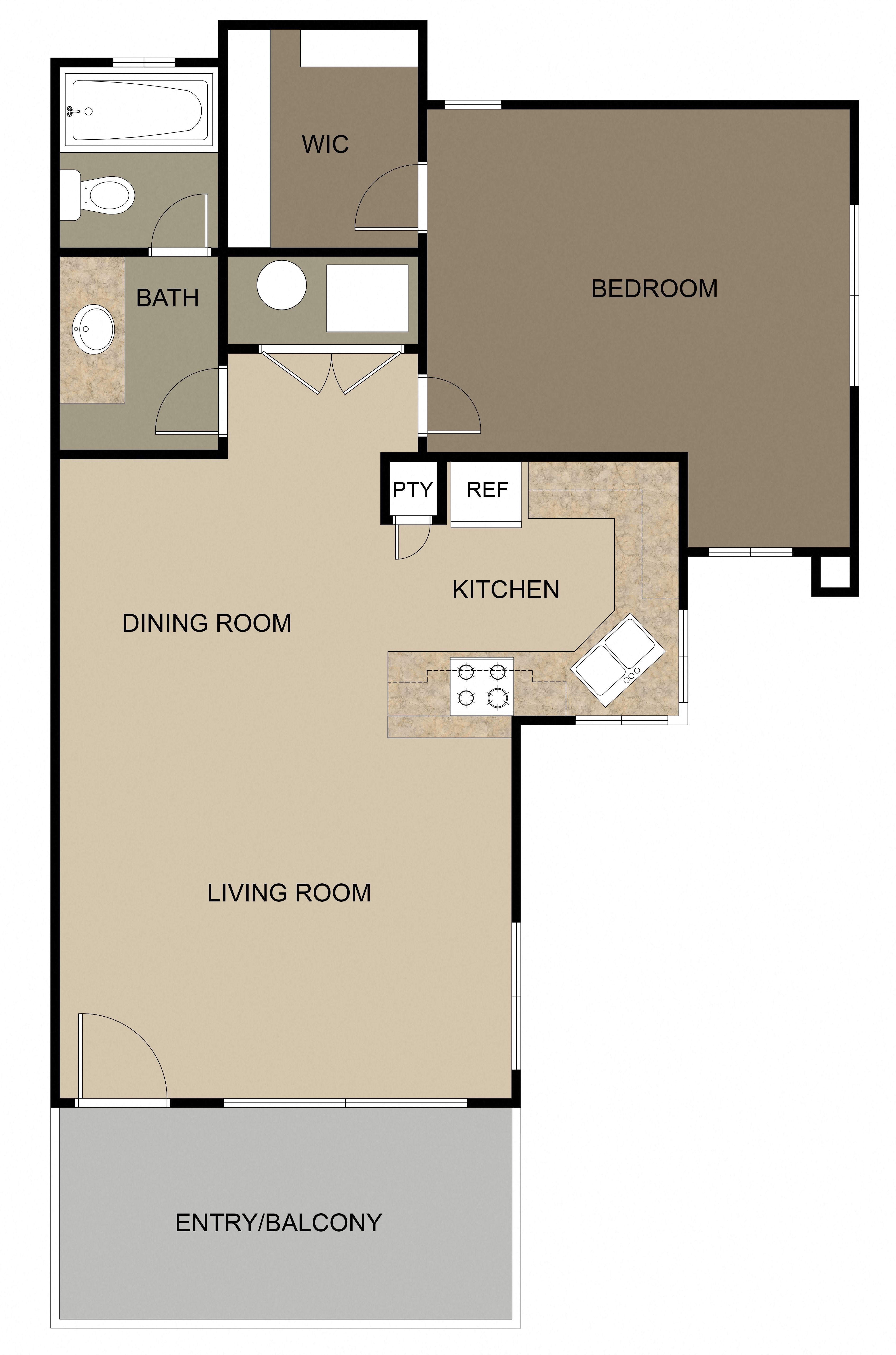 Floor plan for 1 bed, 1 bath, 676 sqft